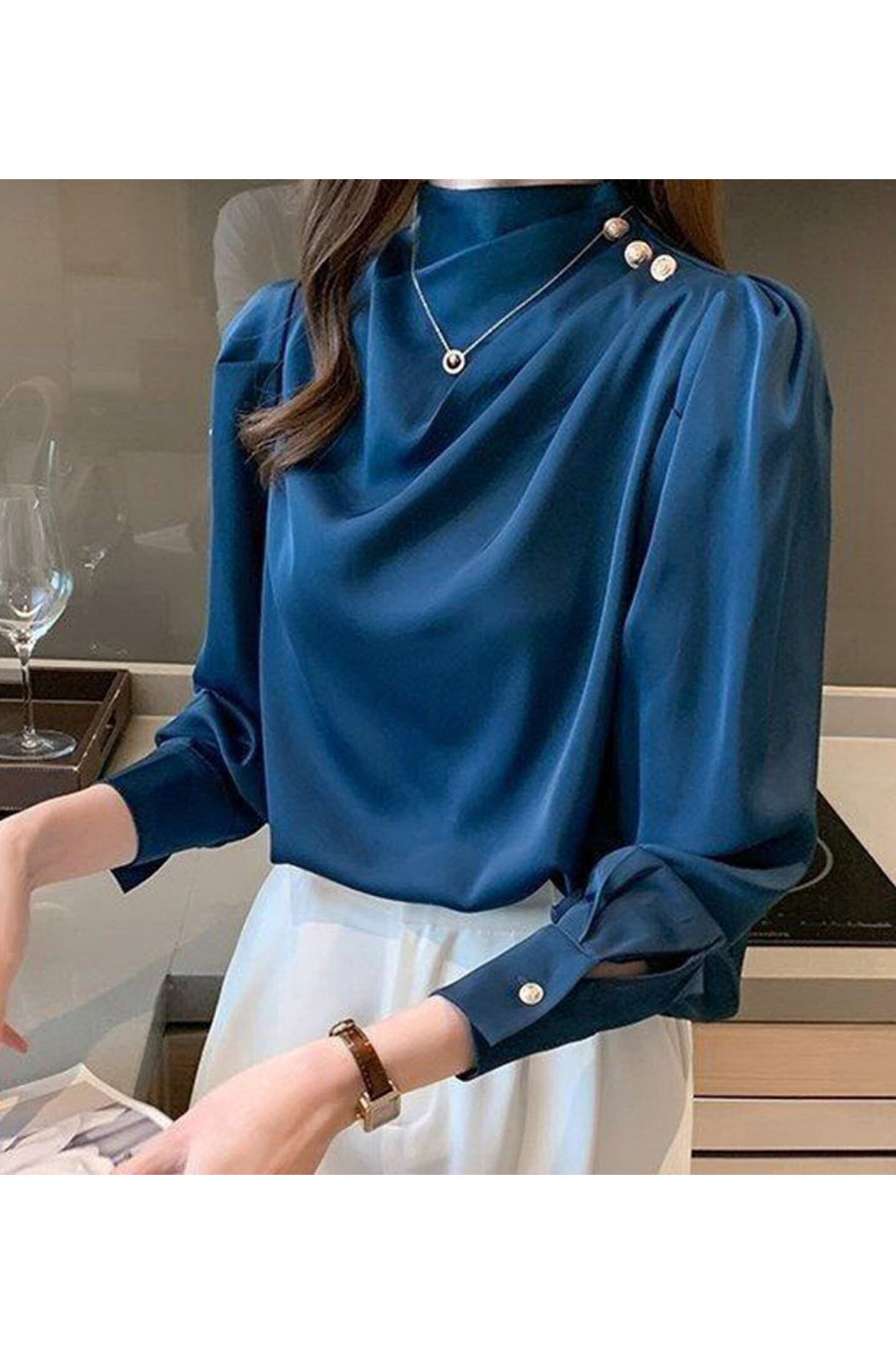 Bluza dama eleganta, bleumarin, cu maneca lunga, vaporoasa, Angelia 1 - jojofashion.ro