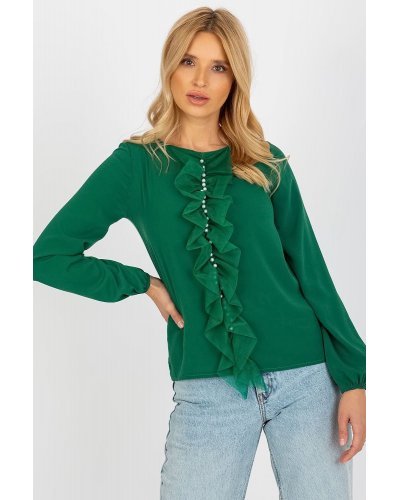 Bluza dama eleganta, bumbac verde, cu maneca lunga si volan cu perle, Nikki Bluze dama, Bluza dama eleganta, bumbac verde, cu maneca lunga si volan cu perle, Nikki - jojofashion.ro