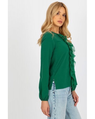 Bluza dama eleganta, bumbac verde, cu maneca lunga si volan cu perle, Nikki Bluze dama, Bluza dama eleganta, bumbac verde, cu maneca lunga si volan cu perle, Nikki - jojofashion.ro