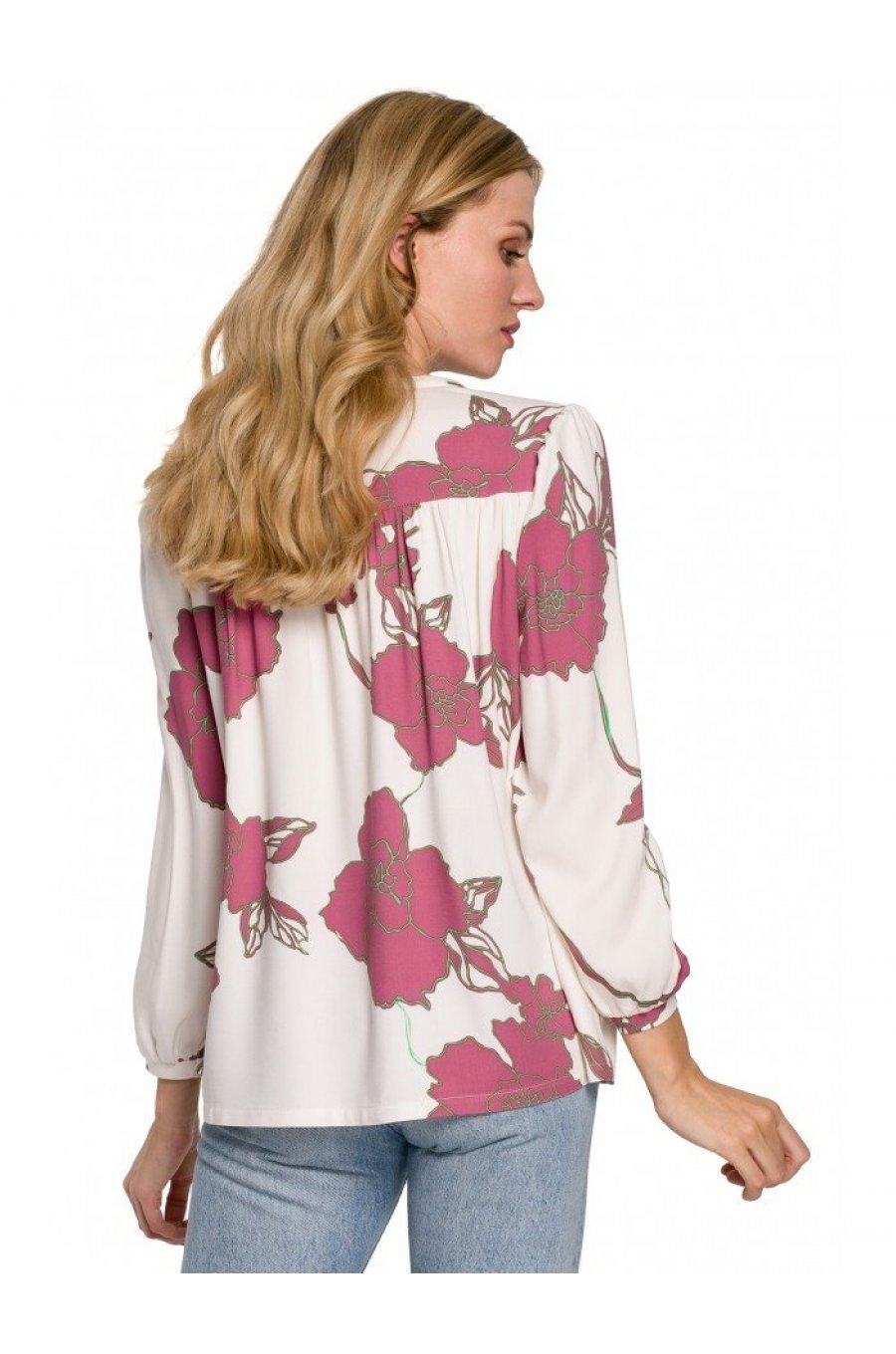 Bluza dama eleganta, din vascoza ecru cu flori roz, cu maneca lunga, vaporoasa, Liudmile 2 - jojofashion.ro