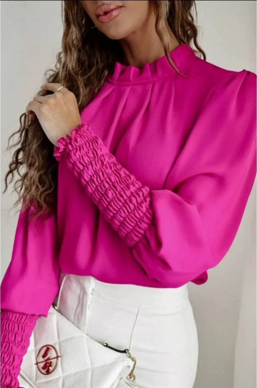 Bluza dama eleganta, din voal roz magenta, cu maneca lunga, Fabia 1 - jojofashion.ro