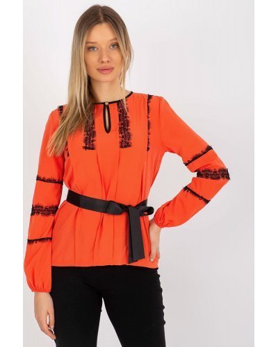 Bluza dama eleganta, orange, cu dantela neagra si maneca lunga, Mirage Bluze dama, Bluza dama eleganta, orange, cu dantela neagra si maneca lunga, Mirage - jojofashion.ro