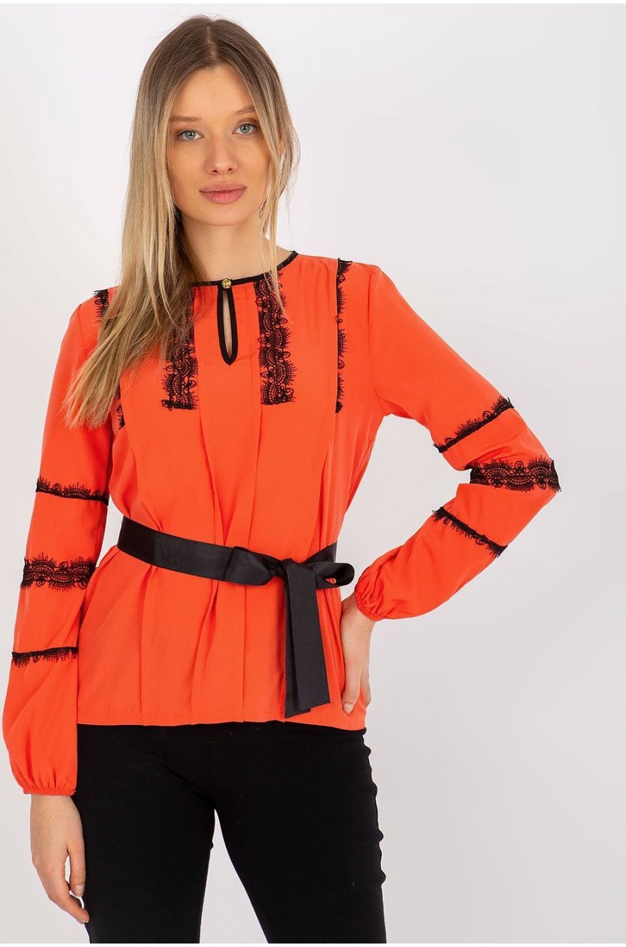 Bluza dama eleganta, orange, cu dantela neagra si maneca lunga, Mirage Bluza dama eleganta, orange, cu dantela neagra si maneca lunga, Mirage 1 - jojofashion.ro