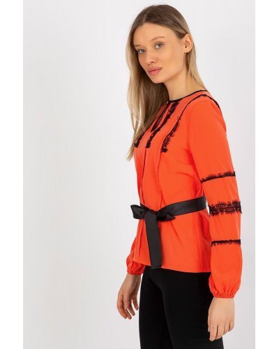 Bluza dama eleganta, orange, cu dantela neagra si maneca lunga, Mirage Bluze dama, Bluza dama eleganta, orange, cu dantela neagra si maneca lunga, Mirage - jojofashion.ro