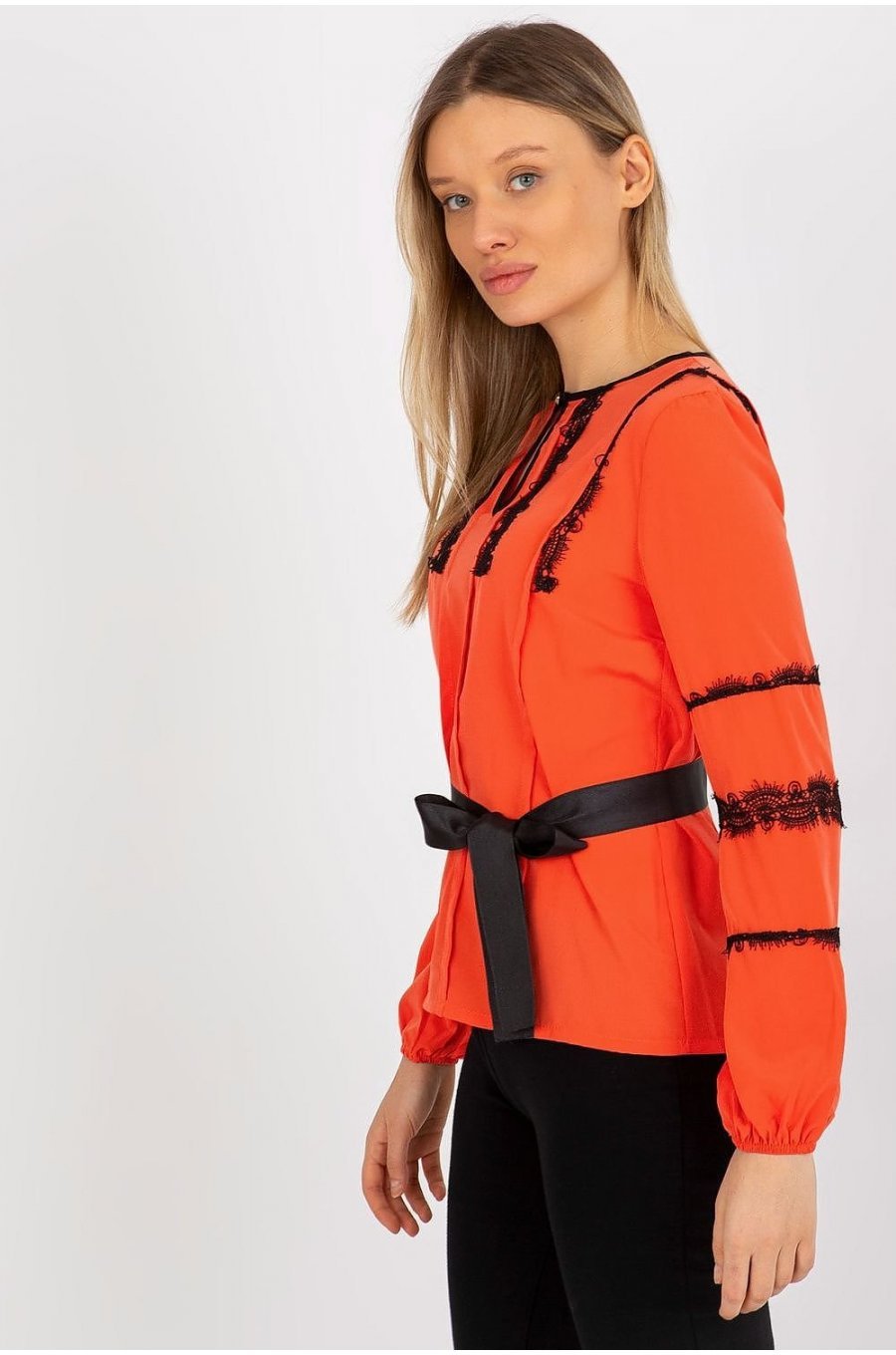 Bluza dama eleganta, orange, cu dantela neagra si maneca lunga, Mirage 2 - jojofashion.ro