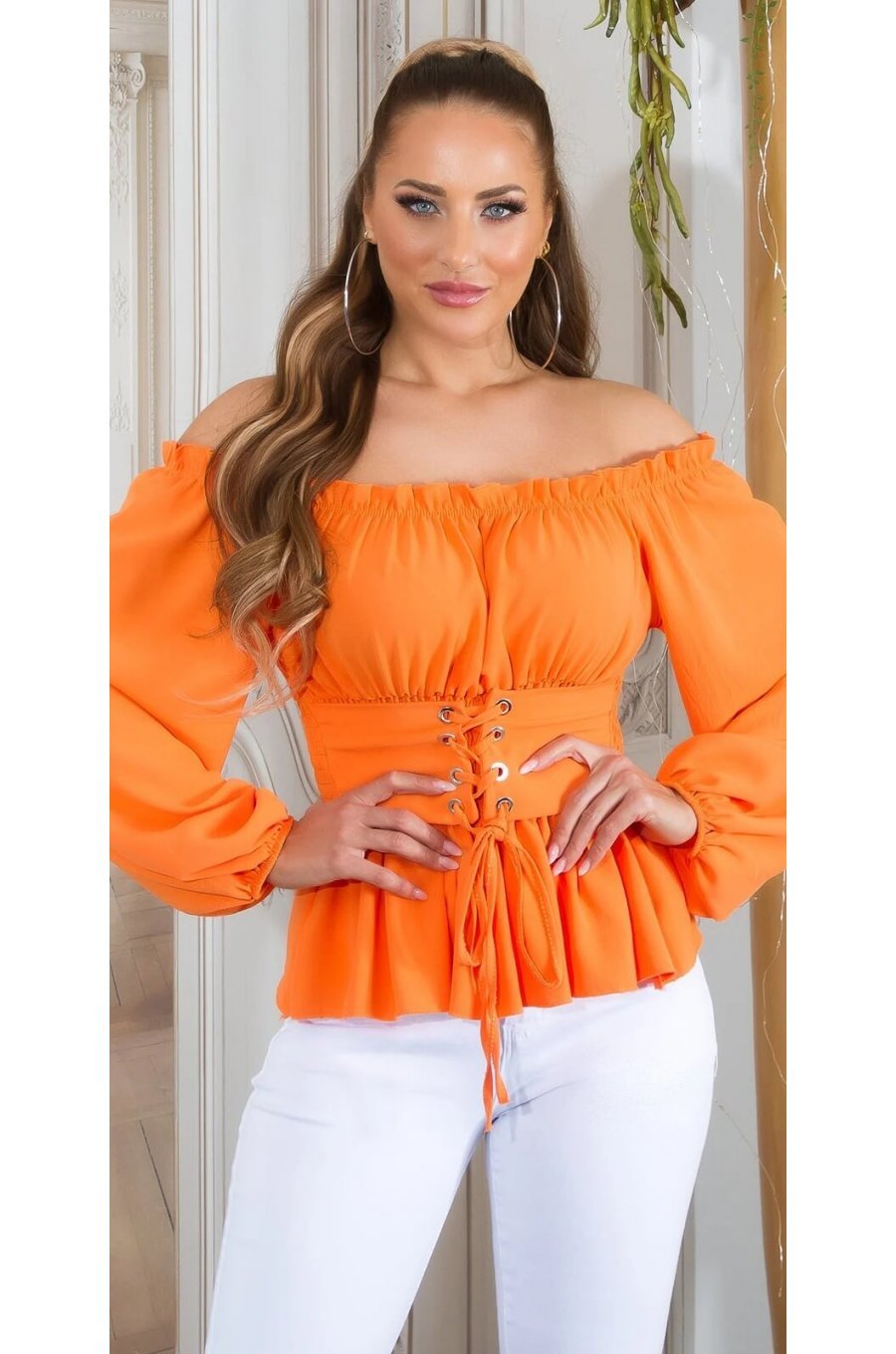 Bluza dama orange eleganta tip corset Chloe 1 - jojofashion.ro