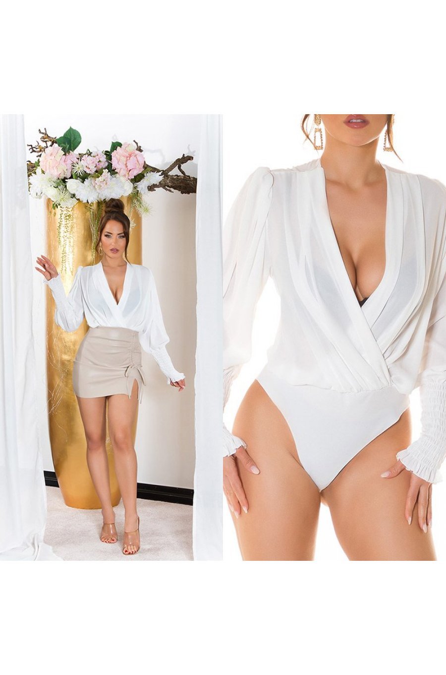 Bluza dama tip body, alba, cu maneca lunga si decolteu in V, Lorisa 2 - jojofashion.ro