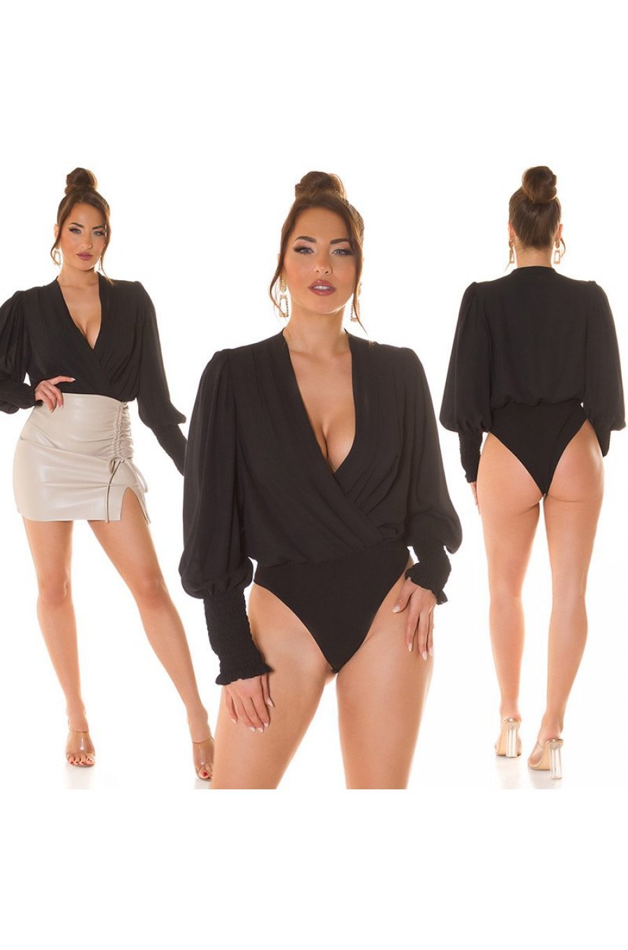 Bluza dama tip body, neagra, cu maneca lunga si decolteu in V, Lorisa 6 - jojofashion.ro