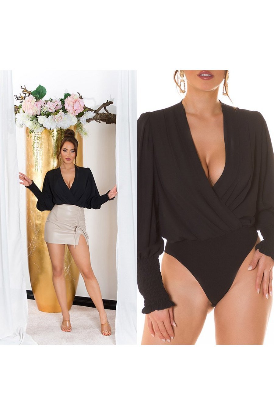 Bluza dama tip body, neagra, cu maneca lunga si decolteu in V, Lorisa 2 - jojofashion.ro