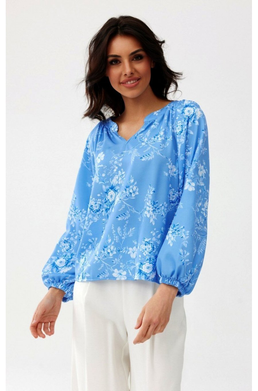 Bluza dama tip tunica, baby blue cu flori, vaporoasa, cu maneca lunga, ClaraR 3 - jojofashion.ro