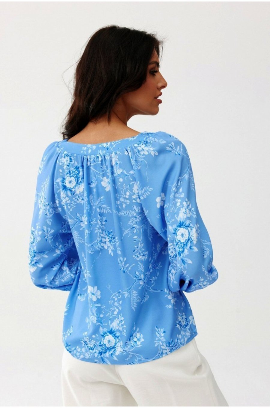 Bluza dama tip tunica, baby blue cu flori, vaporoasa, cu maneca lunga, ClaraR 5 - jojofashion.ro