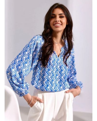 Bluza dama tip tunica, bleu cu print alb, vaporoasa, cu maneca lunga, ClaraR Bluze dama, Bluza dama tip tunica, bleu cu print alb, vaporoasa, cu maneca lunga, ClaraR - jojofashion.ro