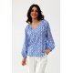 Bluza dama tip tunica, bleu cu print alb, vaporoasa, cu maneca lunga, ClaraR 4 - jojofashion.ro