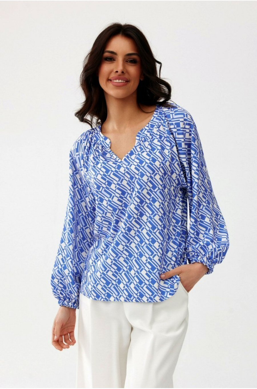 Bluza dama tip tunica, bleu cu print alb, vaporoasa, cu maneca lunga, ClaraR 3 - jojofashion.ro