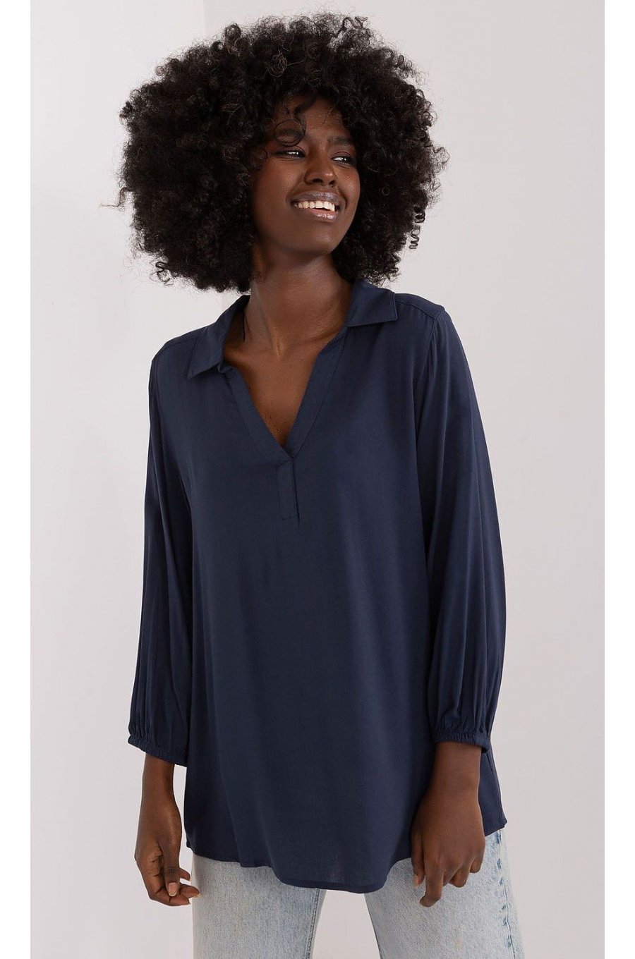 Bluza dama tip tunica, din vascoza, bleumarin, cu maneca lunga, Indilla Bluza dama tip tunica, din vascoza, bleumarin, cu maneca lunga, Indilla 1 - jojofashion.ro