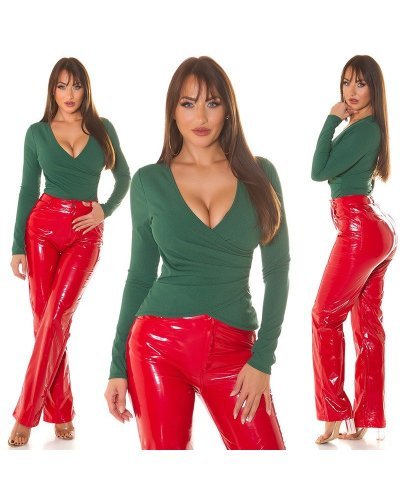 Tinuta bluza dama verde cu maneca lunga si pantaloni evazati rosii din latex Ambrozia Tinute de petrecere, Tinuta bluza dama verde cu maneca lunga si pantaloni evazati rosii din latex Ambrozia - jojofashion.ro