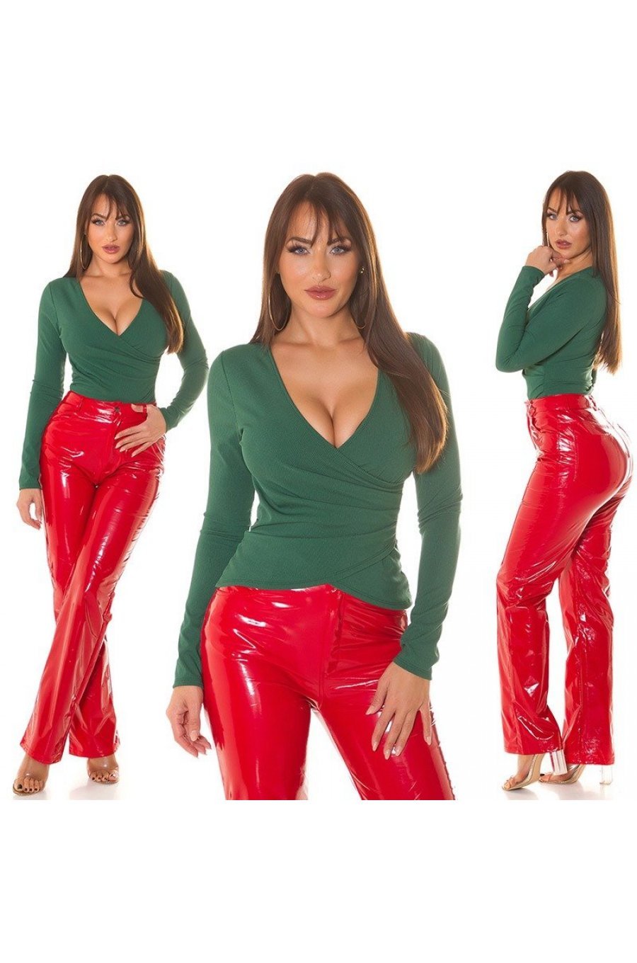 Tinuta bluza dama verde cu maneca lunga si pantaloni evazati rosii din latex Ambrozia 1 - jojofashion.ro
