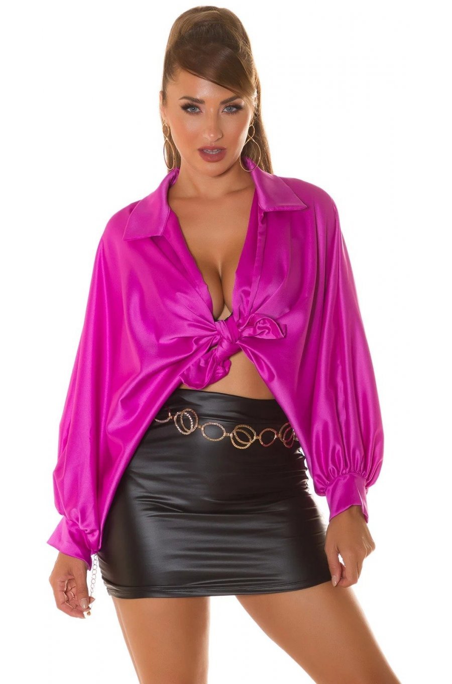 Camasa dama crop oversize roz fucsia Kamoky 1 - jojofashion.ro