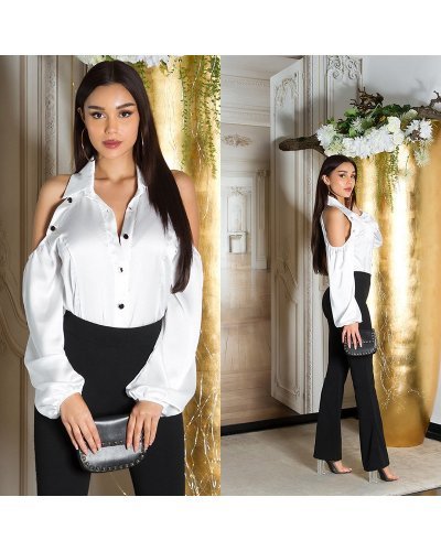 Tinuta camasa eleganta alba din satin cu umerii goi si pantaloni eleganti evazati negri Banou Tinute de club, Tinuta camasa eleganta alba din satin cu umerii goi si pantaloni eleganti evazati negri Banou - jojofashion.ro