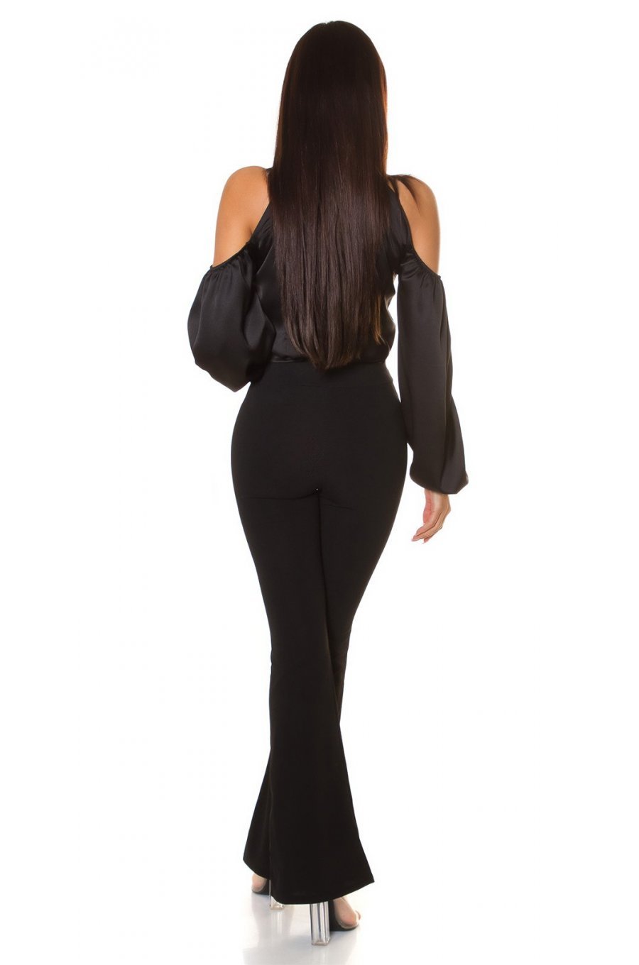 Camasa dama eleganta, din satin, neagra, cu maneca lunga si umerii goi, Banou 4 - jojofashion.ro