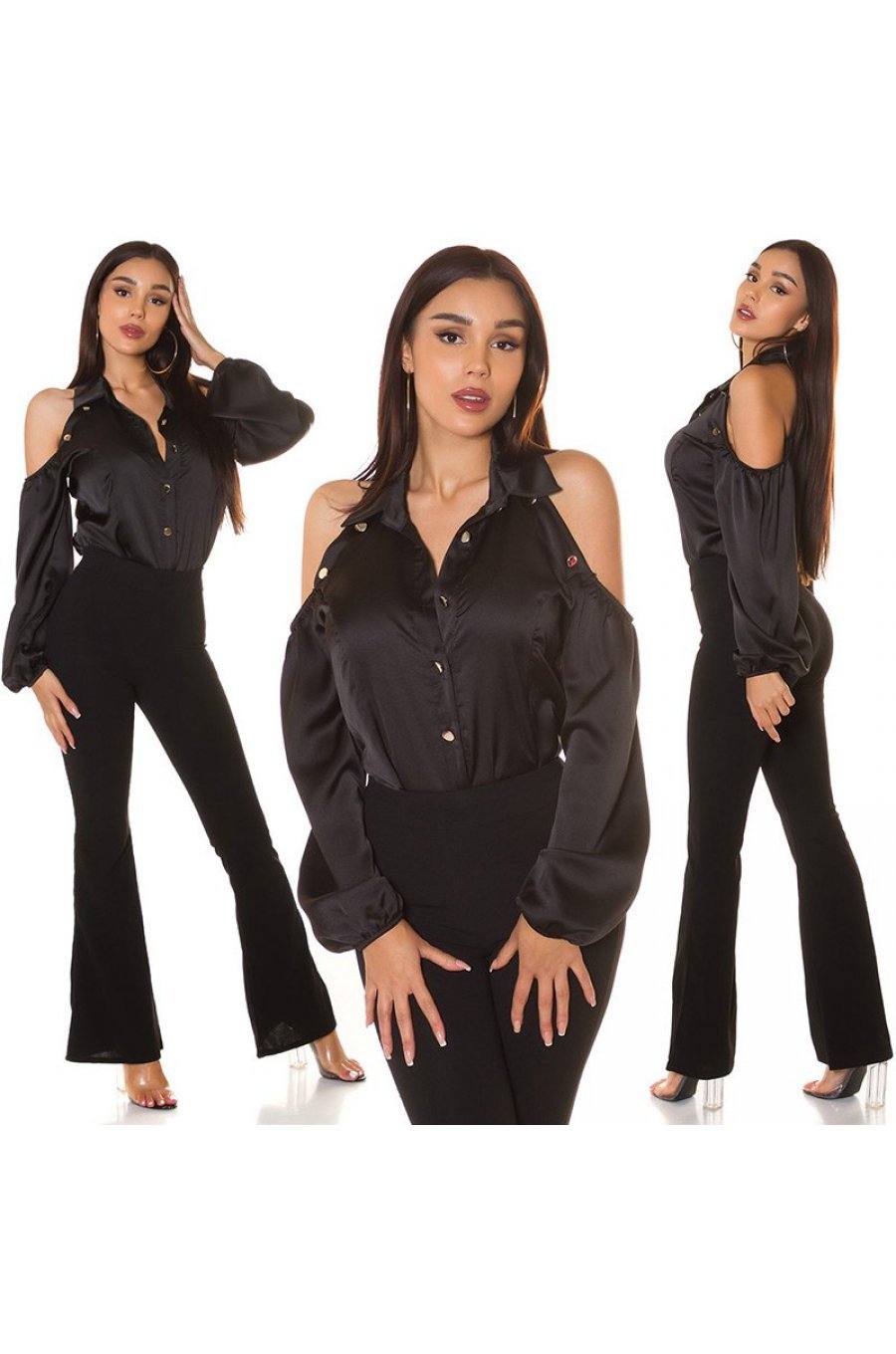 Camasa dama eleganta, din satin, neagra, cu maneca lunga si umerii goi, Banou 6 - jojofashion.ro
