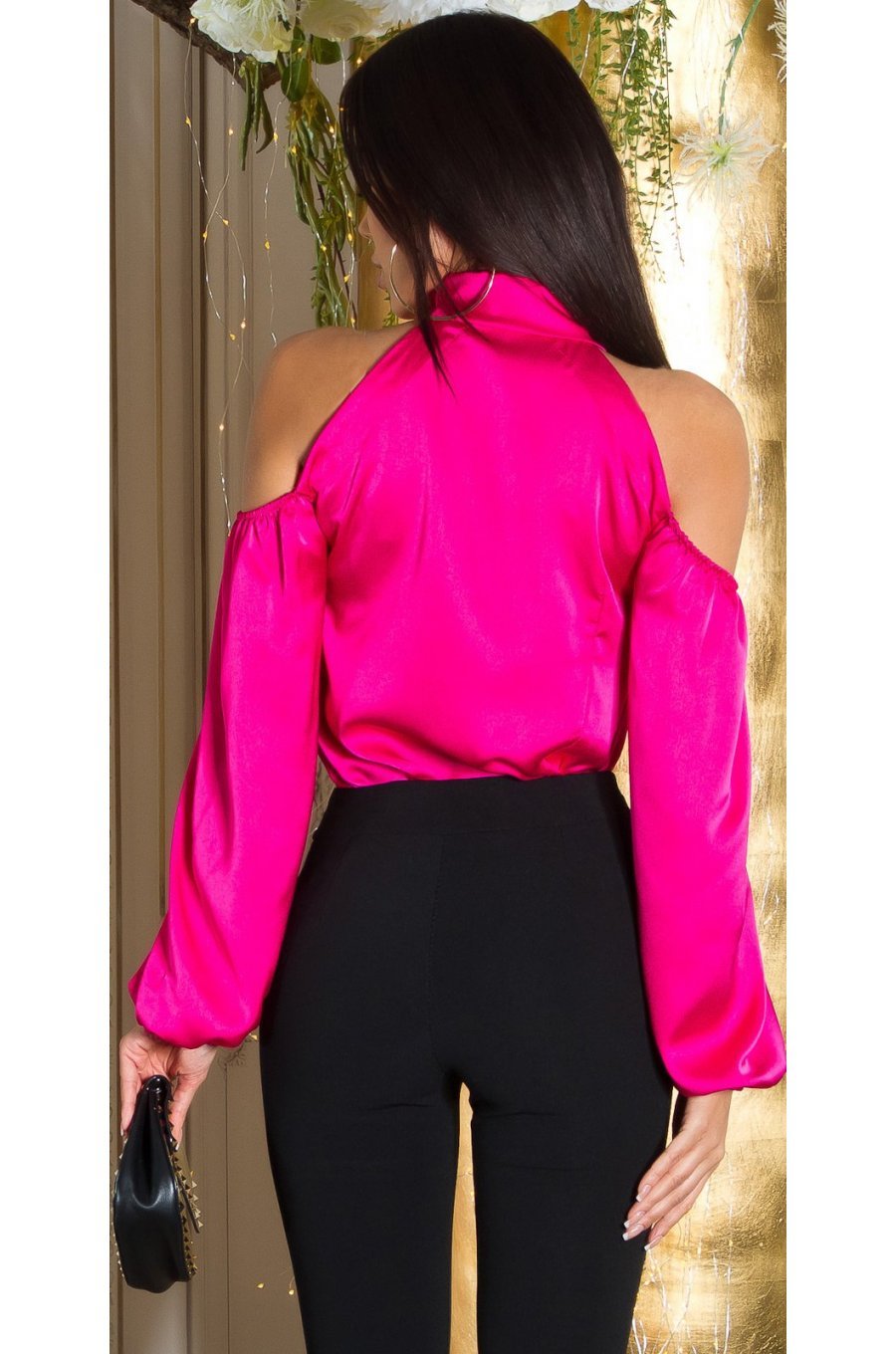 Camasa dama eleganta, din satin, roz ciclam, cu maneca lunga si umerii goi, Banou 2 - jojofashion.ro
