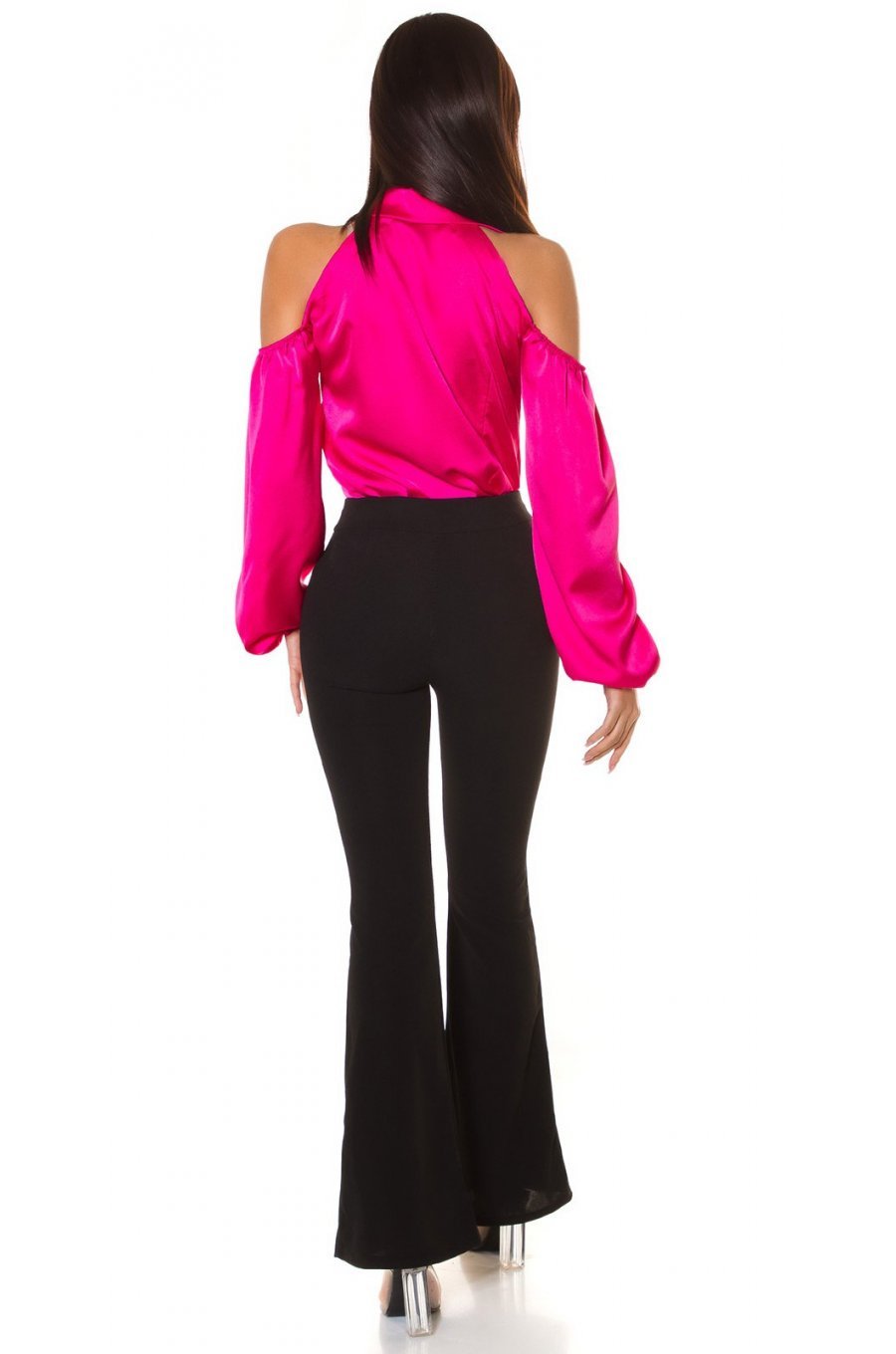 Camasa dama eleganta, din satin, roz ciclam, cu maneca lunga si umerii goi, Banou 4 - jojofashion.ro