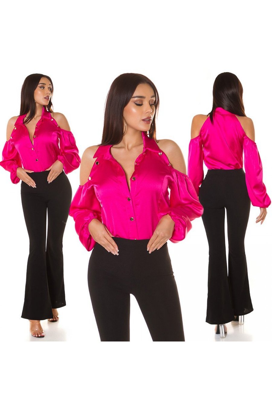Camasa dama eleganta, din satin, roz ciclam, cu maneca lunga si umerii goi, Banou 6 - jojofashion.ro