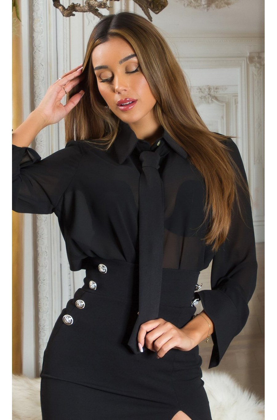 Camasa dama eleganta, neagra, cu cravata, vaporoasa, Amarra 1 - jojofashion.ro