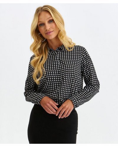 Camasi dama, Camasa dama eleganta, neagra cu print alb, cu maneca larga, Kaylynn - jojofashion.ro