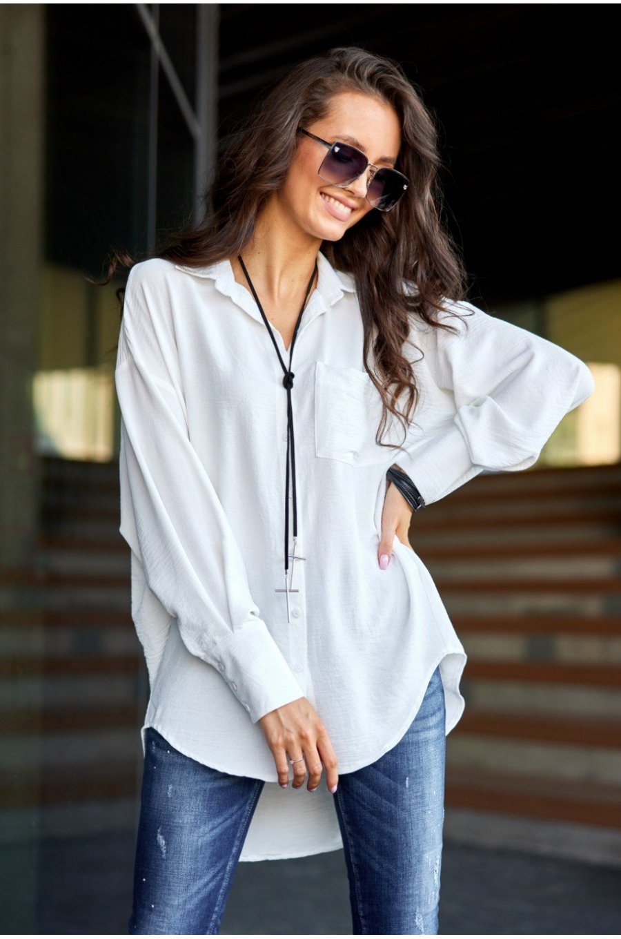 Camasa dama oversize, alba, cu maneca lunga si nasturi, Ayline 3 - jojofashion.ro