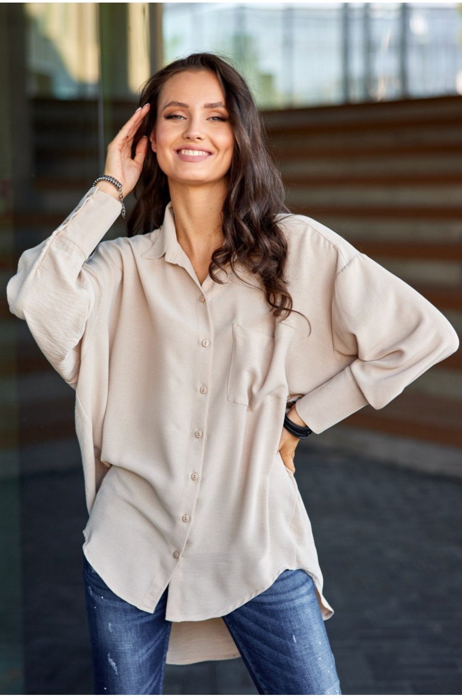 Camasa dama oversize, bej, cu maneca lunga si nasturi, Ayline 1 - jojofashion.ro