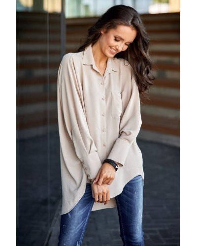 Camasi dama, Camasa dama oversize, bej, cu maneca lunga si nasturi, Ayline - jojofashion.ro