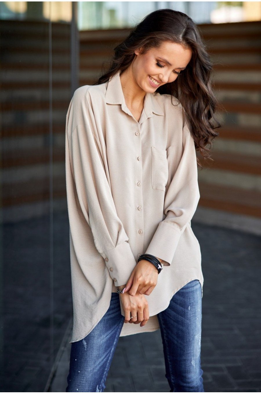 Camasa dama oversize, bej, cu maneca lunga si nasturi, Ayline 2 - jojofashion.ro