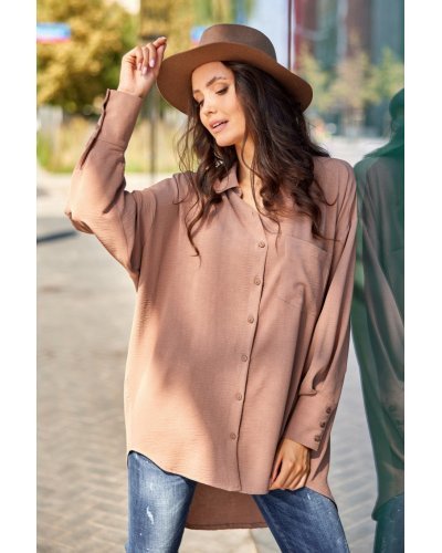 Camasi dama, Camasa dama oversize, cappuccino, cu maneca lunga si nasturi, Ayline - jojofashion.ro