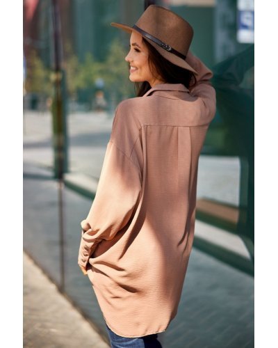 Camasi dama, Camasa dama oversize, cappuccino, cu maneca lunga si nasturi, Ayline - jojofashion.ro