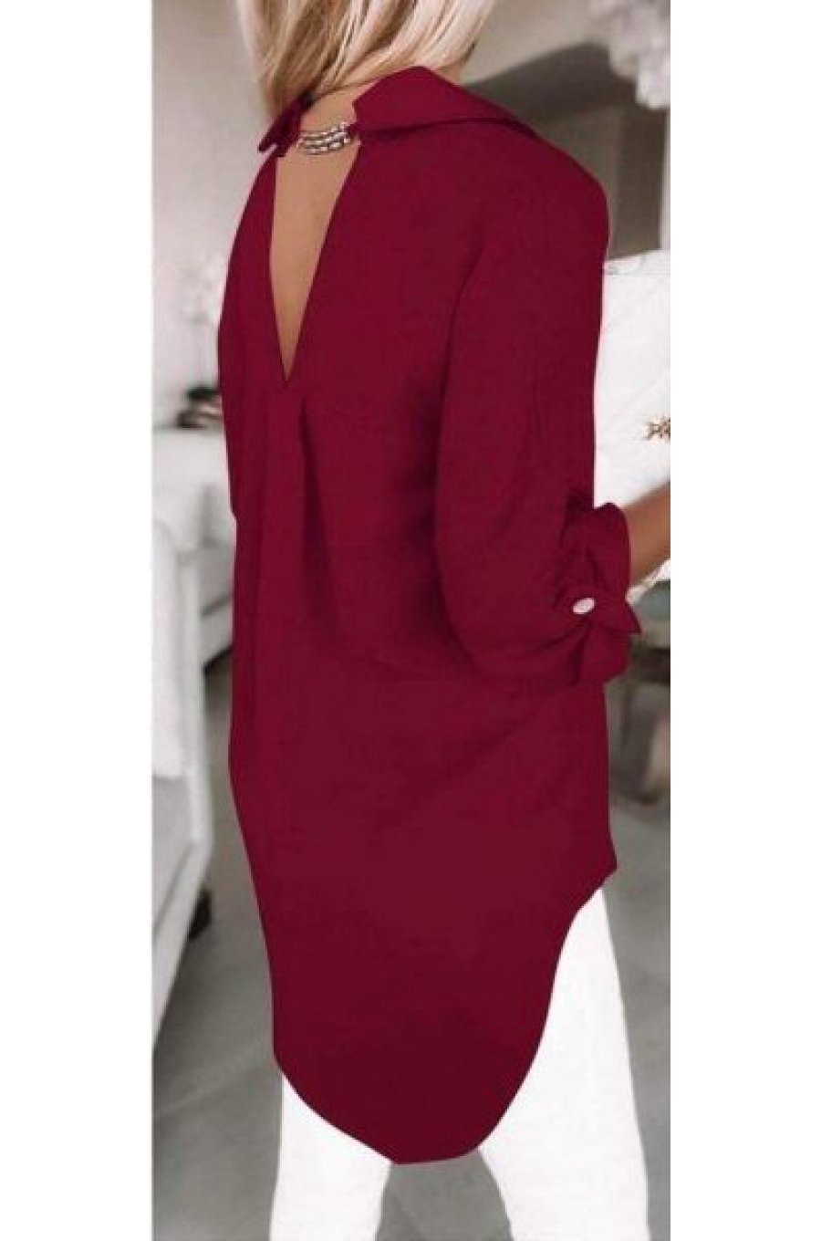 Camasa dama oversize, din voal, burgundy, asimetrica, cu maneca lunga, Fiorella 2 - jojofashion.ro