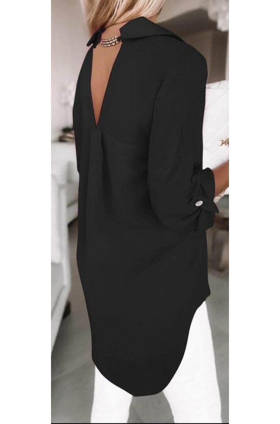 Camasa dama oversize, din voal, neagra, asimetrica, cu maneca lunga, Fiorella 2 - jojofashion.ro