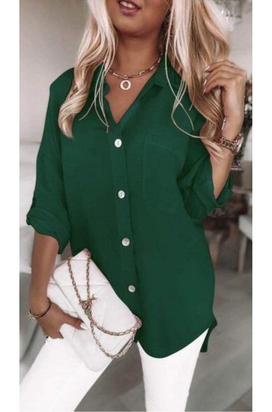 Camasa dama oversize,  verde, asimetrica, cu maneca lunga, Fiorella 1 - jojofashion.ro