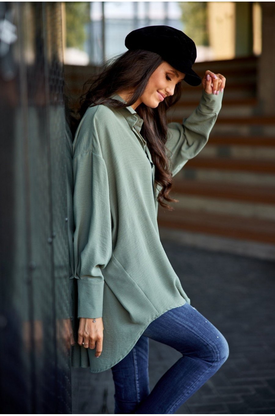 Camasa dama oversize, kaki, cu maneca lunga si nasturi, Ayline Camasa dama oversize, kaki, cu maneca lunga si nasturi, Ayline 3 - jojofashion.ro