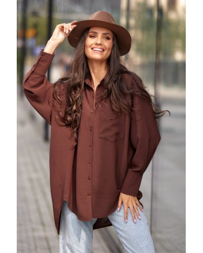 Camasa dama oversize, maro, cu maneca lunga si nasturi, Ayline Camasa dama oversize, maro, cu maneca lunga si nasturi, Ayline - jojofashion.ro
