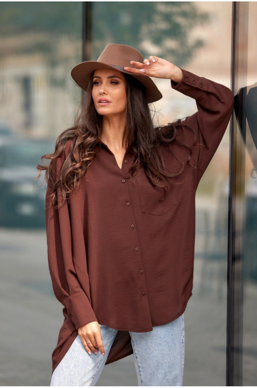 Camasa dama oversize, maro, cu maneca lunga si nasturi, Ayline Camasa dama oversize, maro, cu maneca lunga si nasturi, Ayline 3 - jojofashion.ro