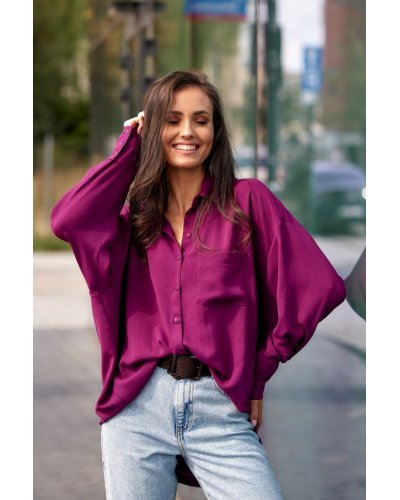 Camasi dama, Camasa dama oversize, mov pruna, cu maneca lunga si nasturi, Ayline - jojofashion.ro