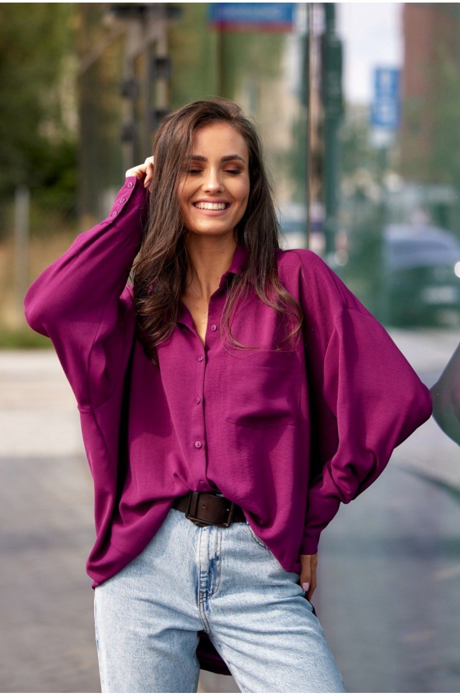 Camasa dama oversize, mov pruna, cu maneca lunga si nasturi, Ayline 1 - jojofashion.ro