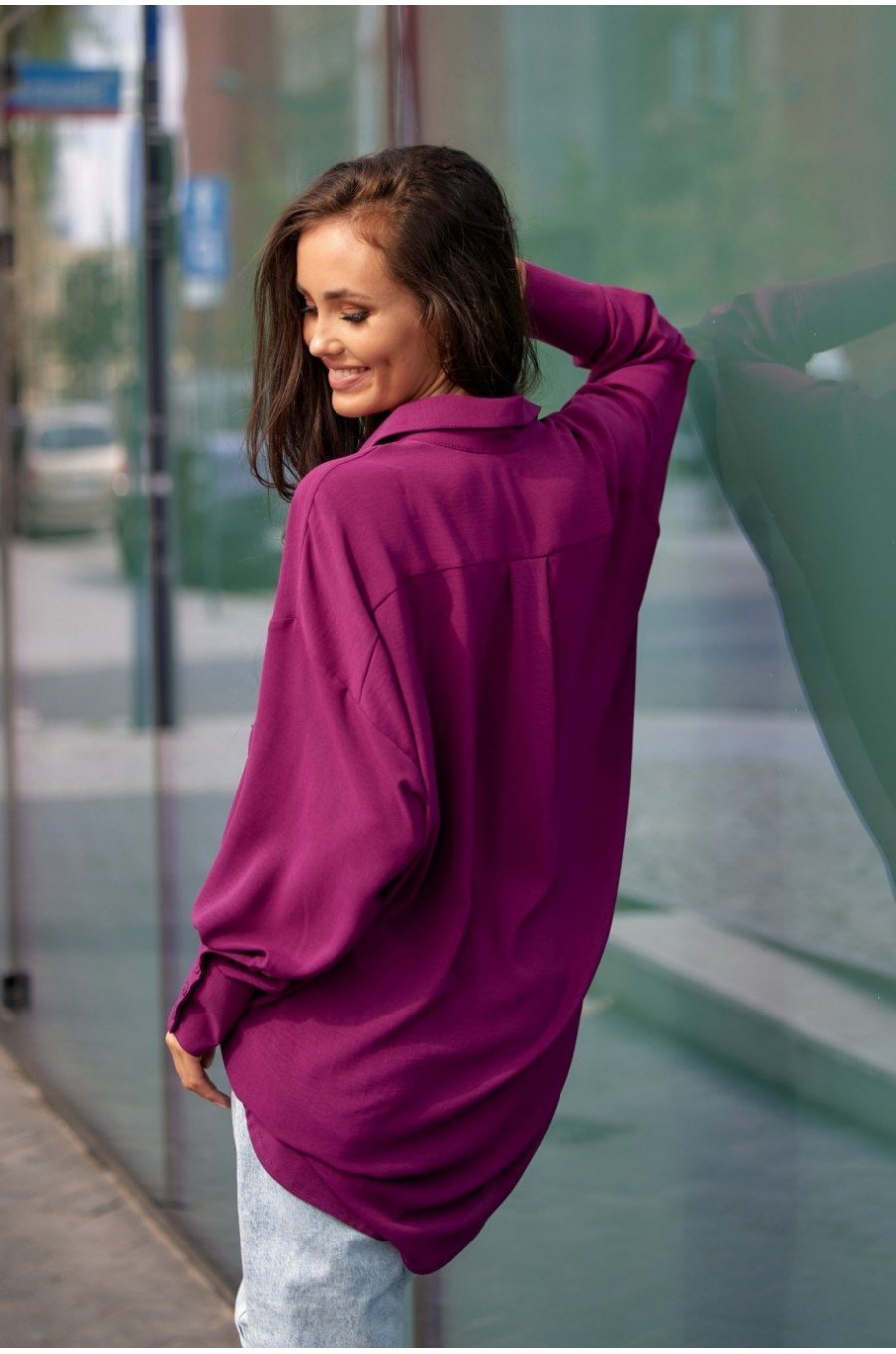Camasa dama oversize, mov pruna, cu maneca lunga si nasturi, Ayline 2 - jojofashion.ro