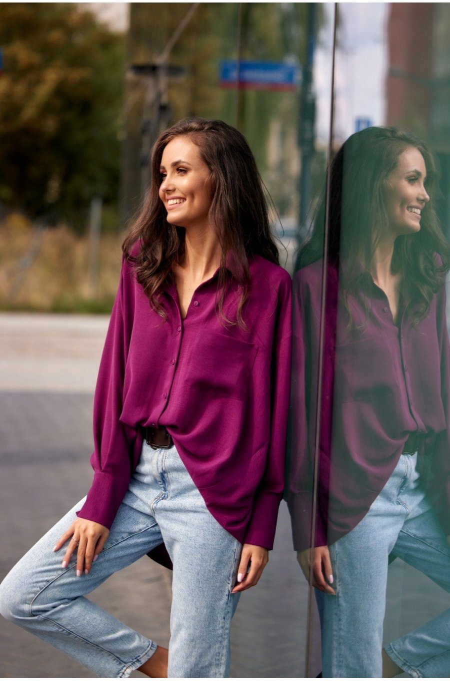 Camasa dama oversize, mov pruna, cu maneca lunga si nasturi, Ayline 3 - jojofashion.ro