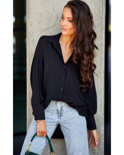 Camasi dama, Camasa dama oversize, neagra, cu maneca lunga si nasturi, Ayline - jojofashion.ro