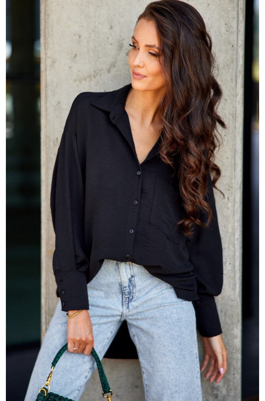 Camasa dama oversize, neagra, cu maneca lunga si nasturi, Ayline 1 - jojofashion.ro