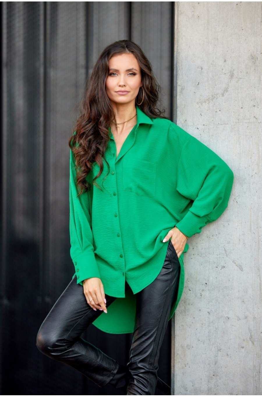 Camasa dama oversize, verde, cu maneca lunga si nasturi, Ayline Camasa dama oversize, verde, cu maneca lunga si nasturi, Ayline 1 - jojofashion.ro