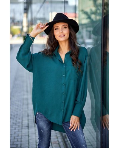 Camasi dama, Camasa dama oversize, verde turcoaz, cu maneca lunga si nasturi, Ayline - jojofashion.ro